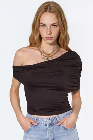 Drapierter asymmetrischer Kragen Polyamid Crop Top