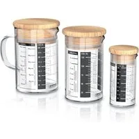 Arendo Messbecher 50ml, 125 ml & 250 ml Glas Messkrug Set mit Bambusdeckel, luftdicht, Glas, (Set, 3-St), Küchenbehälter, Silikondichtung, für Mehl Zucker Gewürze Süßigkeiten
