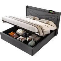 Flieks Polsterbett, Massivholz Stauraumbett mit USB/Typ-C Ladeanschluss 160x200cm Leinen