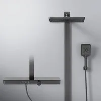 EMKE Duschsystem mit 71 cm Ablage und Thermostat eckig Regendusche und Duscharmatur, Regendusche, Wasserfall-Auslauf, Handbrause, Mattschwarz