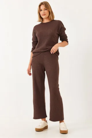 Rippstrick-Textur Crewneck-Pullover und Hose Set