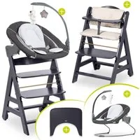 Hauck Hochstuhl Beta Plus Dark Grey - Newborn Set Deluxe, Holz Babystuhl ab Geburt, Aufsatz für Neugeborene, Sitzkissen, Tisch