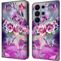 CLM-Tech Handytasche für Samsung Galaxy S26 Ultra Klapphülle aus PU-Leder (lila Blumen Schmetterlinge, 1-tlg., Flip Case), Magnetverschluss, Standfunktion und Kartenfächer