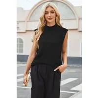 Arach&Cloz Pullunder Damen Pullover Wollmischung Rundhalspullover Strickpullover Business Casual Weste Wollpullover Kurzarmpullover mit Stehkragen