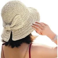 Zaewry Sonnenhut Strohhut für den Strand, Sommermütze mit Schleife Strohhut zum Krempeln und faltbar