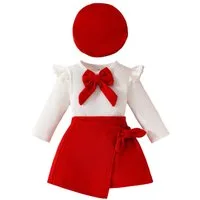 Gluckids Shirt & Rock Baby Mädchen elegantes Outfit, Strickoberteil, Samtrock, Baskenmütze (Set, 3-tlg) Party Kleidung für Mädchen, Stilvolles farblich abgesetztes Alltagsset