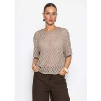 SASSYCLASSY T-Shirt Oversize T-Shirt aus Spitze für Damen Modernes Shirt in transparenter Optik mit Rundhals Weiß Taupe Gelb