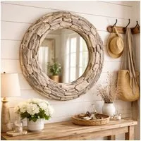 LebensWohnArt Wandspiegel Unikat Spiegel MOSAIK 60cm rund Treibholz grau-braun Massivholz