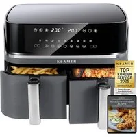 KLAMER Heißluftfritteuse Heißluftfritteuse Duo 9 L – Doppelkammer Airfryer mit 2 Körben, 3000 W, Zwei separate Fächer, Smart-Funktionen, Mehrere Programme & Steuerung