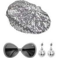 Widmann S.r.l. Kostüm 'Disco Babe' Set 3-tlg. 68599, Silber - Mütze, Oh