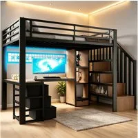 REDOM Hochbett Jugendbett mit Eisenrahmen, Ablagefach, 4 Schubladen (LED-Lichtleiste, Schreibtisch und Stauraumtreppe, Funktionsbett Metallbett, 140 x 200 cm) Inklusive Matratze