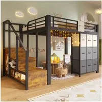 BlingBin Hochbett 90×200 cm mit Schubladen, Kleiderstange, Geländer, ohne Matratze (1-St., Kinder-/Jugendbett mit Treppe & Stauraum, Schubladen-Kommode) platzsparend mit Stauraum, für Kinder & Jugendliche