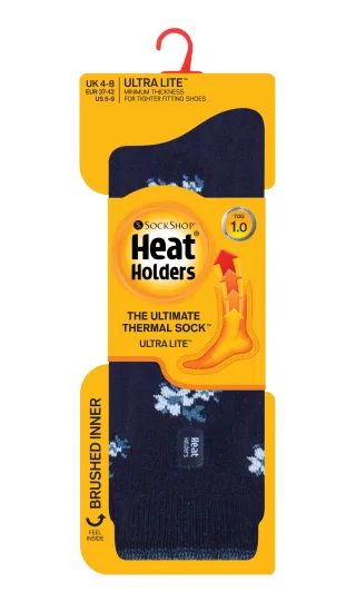 Heat Holders Damen Ultra Lite Thermo-Socken mit gebürstetem Innengarn, Marineblau mit Blumenmuster (Bellis)