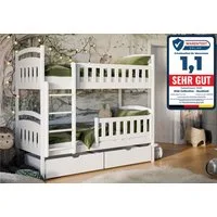 Kids Collective Etagenbett Hochbett Kinderbett 80x180 90x200 umbaubar in zwei Einzelbetten, 200x90 mit zwei Schubladen,Lattenrost,Rausfallschutz Vollholz weiß