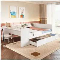 Flieks Kinderbett, Massivholzbett Doppelbett 140x200cm mit Schreibtisch und 2 Schubladen