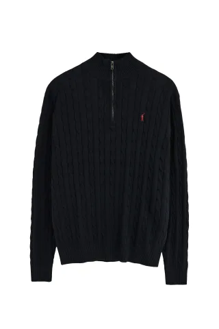 Zopfpullover marineblau mit Zip-Kragen und Rigby Go Logo