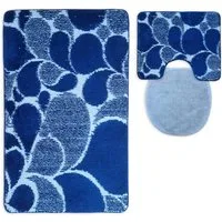 ROLFNERS Badematte 3 tlg Badematte Badezimmerteppich Badteppich Set Blau, Weicher Flor, Rutschfest, Schnell Trocknend, Fußbodenheizungsgeeignet, Polypropylen, Florhöhe ca. 15 mm, Waschbar bis max. 30°C
