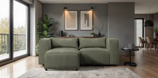 Ecksofa Designersofa NEVIO XS in Stoff Lincoln Moosgrün Ottomane Links