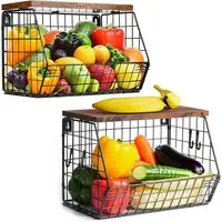 Refined Living Obstschale Obstkorb Hängend 2 Etagen, Wandkorb Schwarz mit Holzdeckel, 2er Set, Hochwertiger Kohlenstoffstahl + Holz, (Stapelbar Küchenorganizer, Obstschale Hängekorb, Schwarz Metall Wandkorb,Drahtkorb Küche, Gemüsekorb, Wandkorb Küche