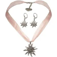 Alpenflüstern Ketten-Set Trachtenschmuck-Set Organza-Trachtenkette und Ohrhänger Strass-Edelweiß (rosa-ros), - Damen-Trachten-Schmuck, Trachtenset Dirndl-Kette und Trachten-Ohrringe