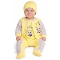 La Bortini Strampler, Jäckchen & Mütze Strampler Mütze und Hemdchen Set Baby Anzug in grün gelb mit Hasen (neutral, für Jungen und Mädchen, Erstlingsset, 3-teilig für Neugeborene) aus reiner Baumwolle, mit Hasen Aufdruck