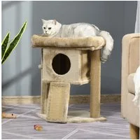 PawHut Kratzbaum Katzenbaum mit Jute-Kratzmatte Sitzstange, MDF Plüsch Jute, Kaffee, 40B x 40T x 57H cm
