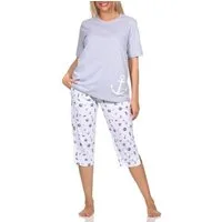 Normann Pyjama Damen kurzarm Capri Schlafanzug in maritimer Optik -auch in Übergröße