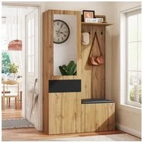 Merax Garderoben-Set mit Spiegel, 5 Haken und Schuhschrank, (Garderobenkombination in Holzoptik mit Schwarz, 1-St), Flurgarderobe mit Sitzbank,Ablagefächern & Einbauschrank,98.5x38x191cm