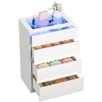 Rutaqian Kommode Schubladenkommode mit LED Beleuchtung, Weiße Kommode mit 4 Schubladen, Moderne Schlafzimmerkommode aus MDF mit Glasplatte und Stauraum