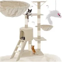tectake Kratzbaum Katzenbaum Dominik 144 cm Diverse Farben Beige, Vielseitig mit robusten Sisalstangen und Plüschoberfläche