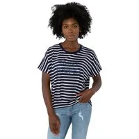 Gio Milano Rundhalsshirt G30-1206, "Saint Tropez" mit Streifen und Strasssteinen Strassbesatz, Faltenlook am eng anliegenden Saum
