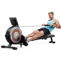 MERACH Rudermaschine Rudergeräte für zu Hause, Rudergerät mit Merach & Kinomap App (Selbstbetriebenes Power, 16 Widerstandsstufen, Bluetooth Monitor, Stabiles Doppelschienen-Design, 90 % vormontiert, Tablet-Halterung), Vertikale Lagerung, bis 158 kg 