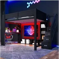 Merax Hochbett mit LED-Beleuchtung (Treppe mit Stauraum, 1-St., Loftbett Jugendbett Einzelbett) Kinderbett 140x200cm mit Schreibtisch, Treppe, Schränken & Regalen
