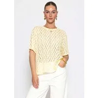 SASSYCLASSY T-Shirt Oversize T-Shirt aus Spitze für Damen Modernes Shirt in transparenter Optik mit Rundhals Weiß Taupe Gelb