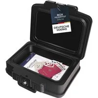 HMF Geldkassette feuerfeste und wasserdichte Dokumentenkassette, Tresor zum Schutz von Wertsachen, 44,5x16,5x33 cm, DIN A4, schwarz