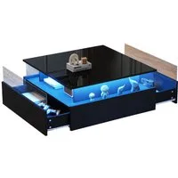 Merax Couchtisch Couchtisch hochglanz Wohnzimmertisch mit LED-Beleuchtung (Beistelltisch, Sofatisch, Kaffeetisch, L70/B70/H41 cm), Sofatisch mit 2 Schublade, großen Stauraum,Glas-Präsentationsbereich