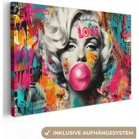 OneMillionCanvasses® Leinwandbild Frau - Kaugummi - Graffiti - Neonfarben, Fotodruck (1 St), Wandbild, Deko Schlafzimmer Wohnzimmer Flur 20x20 cm