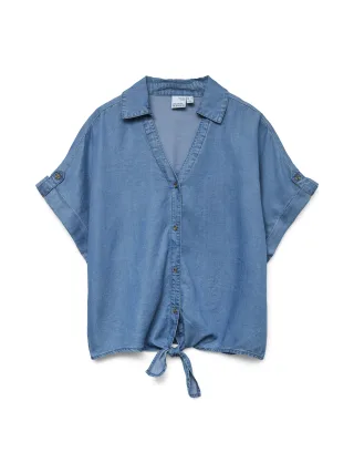VERO MODA - VMFLEUR SS BOW TENCEL SHIRT Medium Blue Denim - Gr. - L
