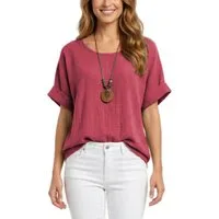 dy_mode Kurzarmbluse Damen Kurzarm Bluse Leichte Sommer Tunika Baumwollbluse Oberteil in Unifarbe, mit passende Kette