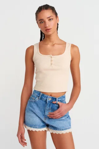 Damen Ripp-Crop-Top mit Knopfleiste