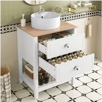 Flieks Waschtisch Waschbeckenunterschrank mit runder Waschbecken (B60/T45/H91 cm, 1-St., bodenstehend, Waschbeckenunterschrank in Weiß und Holzoptik), Badmöbel-Set mit 2 Schubladen und Ablagen Badzimmerschrank