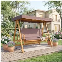 Outsunny Hollywoodschaukel mit Sonnendach, Sitzauflage, bis 330kg, 3-Sitzer, Liegefunktion, 3-Sitzer Gartenschaukel aus Holz, 1 tlg., 2 in 1 Holzschaukel mit Liegefunktion, für Garten, Terrasse, 236x130x181 cm, Braun