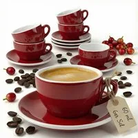 MUVELL Espressotasse 6x Espressotassen & Untertassen Set 0,8 cm dickwandig, rot, 6-tlg., Keramik, 60 ml rot mit weißen Rand und Innenfläche