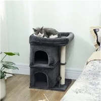 PawHut Kratzbaum mit Katzenbetten, Spielbällen, Geeignet für 1-2 Katzen bis 7 kg, Dunkelgrau