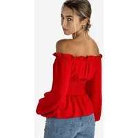 Elara Blusentop Damen Carmenbluse mit Schnürung, Smokbund und Ballonärmeln