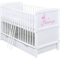 Baby-Delux Babybett Natalie Princess Bettkasten, Kinderbett Gitterbett 140x70 weiß mit Beißschienen Schublade, Matratze