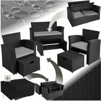 tectake Sitzgruppe Rattan Gartenlounge für 4 bis 6 Personen, mit Sicherheitsglasplatte, (Loungeset Modena, 6-tlg., für Außen in Schwarz/Grau), widerstandsfähig, UV-beständig, inklusive Staufach und Schutzhülle