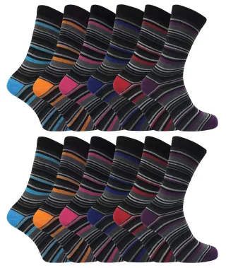 12 Paar gestreifte Herrensocken aus Baumwolle | SOCK SNOB | 12 Paar Multipack | Orange lila rosa blau & rot gestreifte Socken - sortiert
