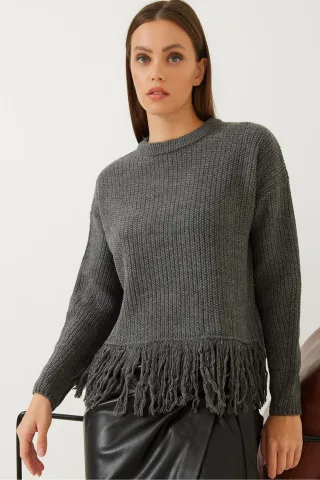 Fransiger Rundhalsausschnitt Crop-Pullover