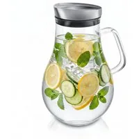 Arendo Karaffe Glaskaraffe 2,0 L, Edelstahldeckel, Henkel, Grobfilter, Wasserkaraffe, (1-tlg., 2000 ml mit Edelstahl-Deckel, Grobfilter und ergonomischem Henkel), Borosilikatglas, 2000 ml, Sieb, hitze- und kältebeständig, BPA-frei